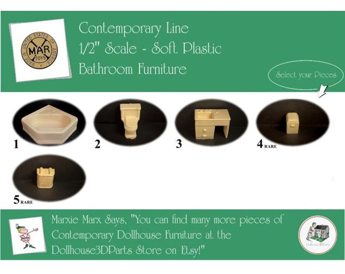 MARX Vintage Dollhouse Bathroom Furniture, Contemporary Line, 1/2" Scale, Soft Plastic