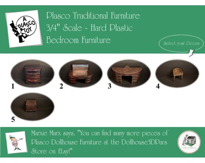 PLASCO Vintage Dollhouse Bedroom Furniture, 1940s-1950s Style, 3/4” Scale, Hard Plastic