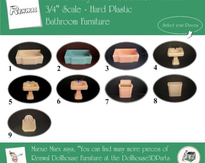 Choice RENWAL Vintage Dollhouse Bathroom Furniture, 1940s-1950s Style, 3/4” Scale, Hard Plastic