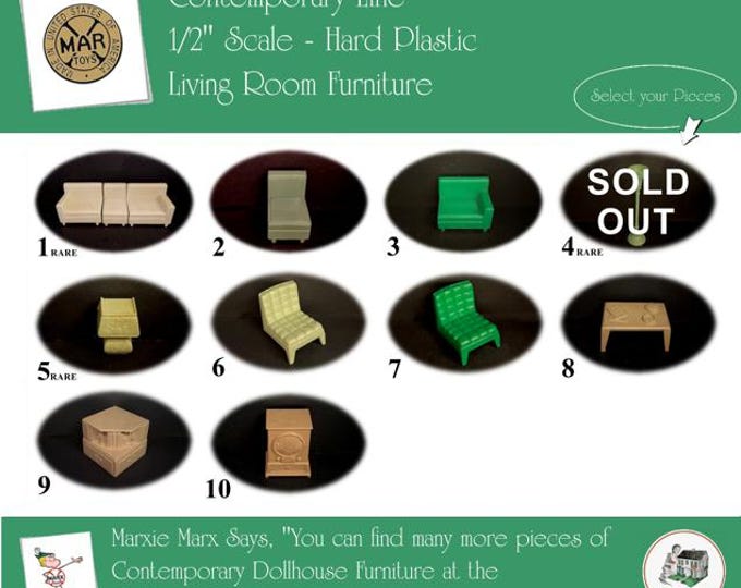 Choice MARX Vintage Dollhouse Living Room Furniture, Contemporary Line, 1/2" Scale, Hard Plastic