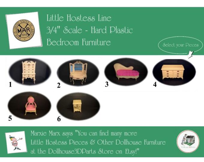 Marx Vintage Dollhouse Furniture, Little Hostess Line Bedroom, 3/4" Scale