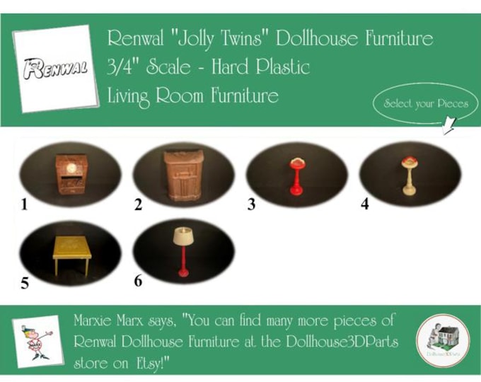 Choice RENWAL Vintage Dollhouse Living Room Furniture, 1940s-1950s Style, 3/4” Scale, Hard Plastic