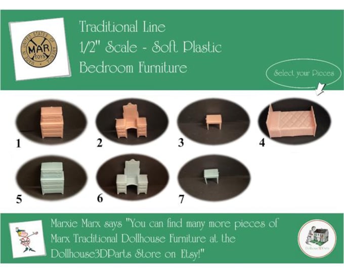 MARX Vintage Dollhouse Bedroom Furniture, Traditional Line, 1/2" Scale, Soft Plastic