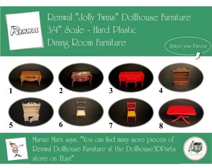 Renwal Vintage Dollhouse Furniture, 1940s-1950s Style Dining Room, 3/4” Scale Hard Plastic