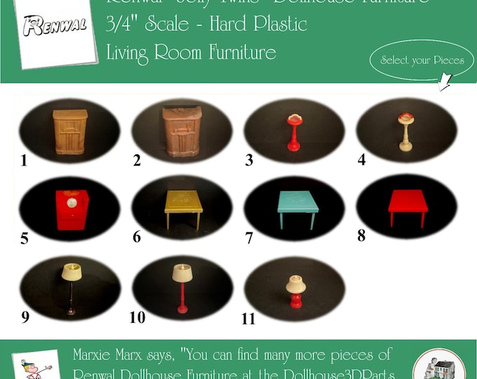 RENWAL Vintage Dollhouse Living Room Furniture, 1940s-1950s Style, 3/4” Scale, Hard Plastic