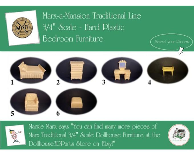 MARX Vintage Dollhouse Bedroom Furniture, Marx-a-Mansion Traditional Line, 3/4" Scale, Soft Plastic