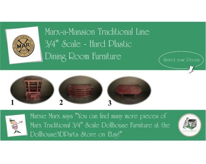 Choice MARX Vintage Dollhouse Dining Room Furniture, Marx-a-Mansion Traditional Line, 3/4" Scale, Hard Plastic