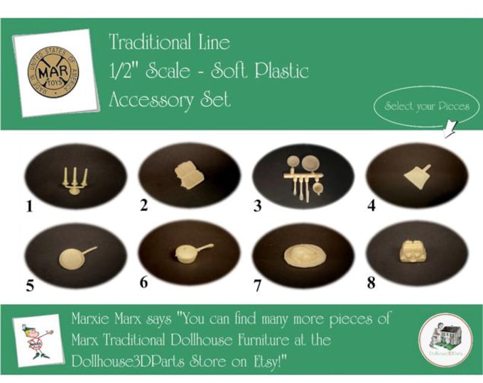 Choice MARX Vintage Dollhouse Accessories, Traditional Line, 1/2" Scale, Soft Plastic
