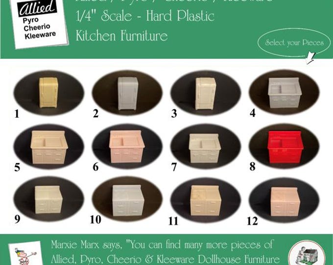 Choice ALLIED/PYRO/KLEEWARE & Cheerio Vintage Dollhouse Kitchen Furniture, 1/4" Scale, Hard Plastic