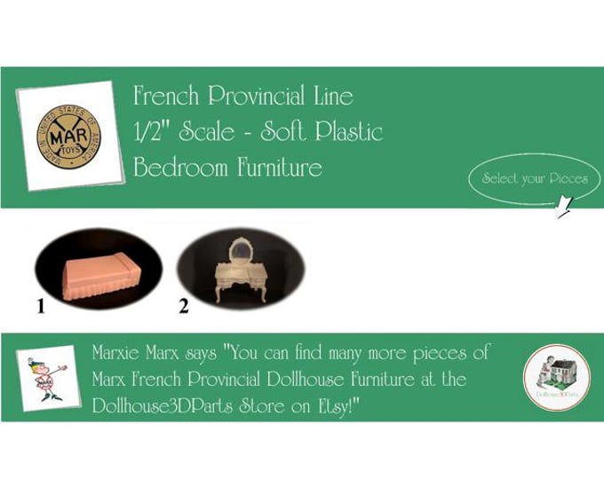 MARX Vintage Dollhouse  Second Bedroom Furniture, French Provincial Line, 1/2"Scale, Soft Plastic