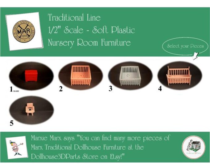 MARX Vintage Dollhouse Nursery Room Furniture, Traditional Line, 1/2" Scale, Soft Plastic