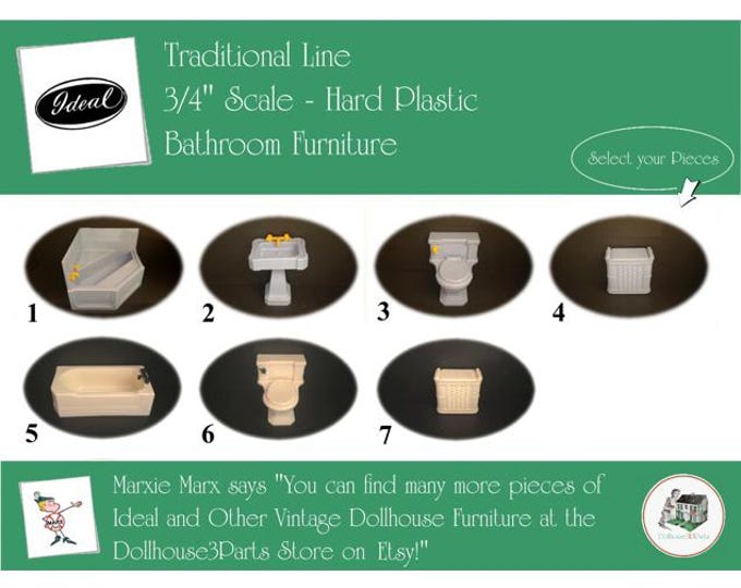 IDEAL Vintage Dollhouse Bathroom Furniture, 1940s-1950s Style, 3/4” Scale, Hard Plastic