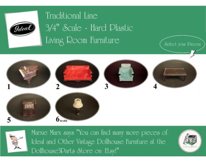Ideal Vintage Dollhouse Furniture, 1940s-1950s Style Living Room, 3/4” Scale Hard Plastic