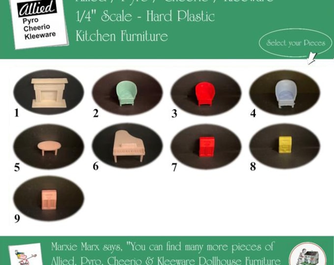 Choice ALLIED/PYRO/KLEEWARE & Cheerio Vintage Dollhouse Living Room Furniture, 1/4" Scale, Hard Plastic