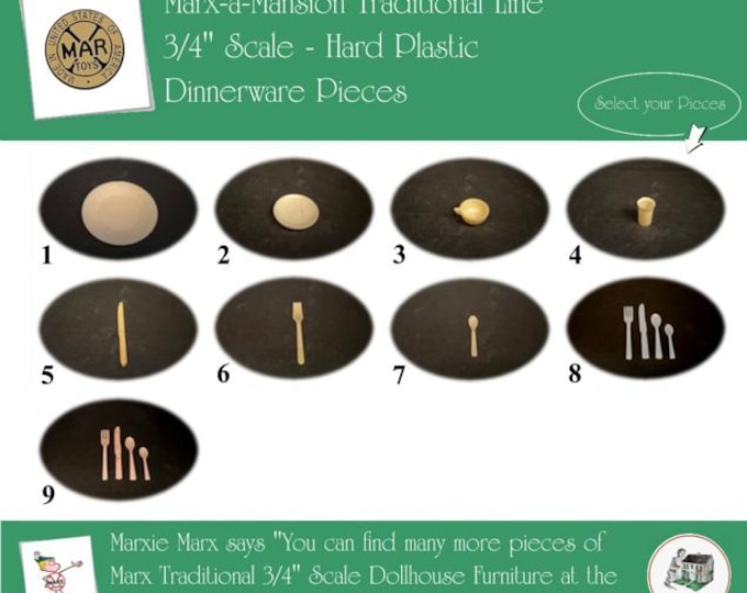 MARX Vintage Dollhouse Dinnerware, Marx-a-Mansion Traditional Line, 3/4" Scale, Hard Plastic
