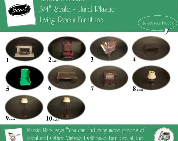 IDEAL Vintage Dollhouse Living Room Furniture, 1940s-1950s Style, 3/4” Scale, Hard Plastic