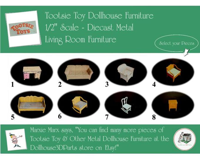 Choice TOOTSIETOY Vintage Dollhouse Living Room Furniture, 1920s-1930s Style, 1/2” Scale, Painted Diecast Metal