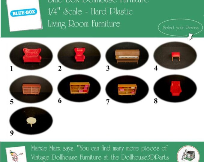 Choice BLUE BOX Vintage Dollhouse Living Room Furniture, 1960s Style, 1/4" Scale, Hard Plastic