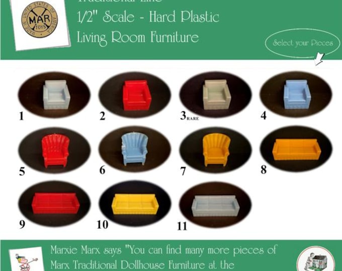 MARX Vintage Dollhouse Living Room Furniture, Traditional Line, 1/2" Scale, Hard Plastic