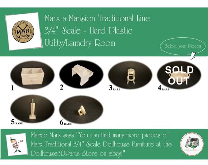 Choice MARX Vintage Dollhouse Utility/Laundry Room Furniture, Marx-a-Mansion Traditional Line, 3/4" Scale, Hard Plastic
