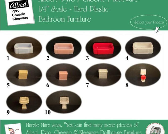 Choice ALLIED/PYRO/KLEEWARE & Cheerio Vintage Dollhouse Bathroom Furniture, 1/4" Scale, Hard Plastic