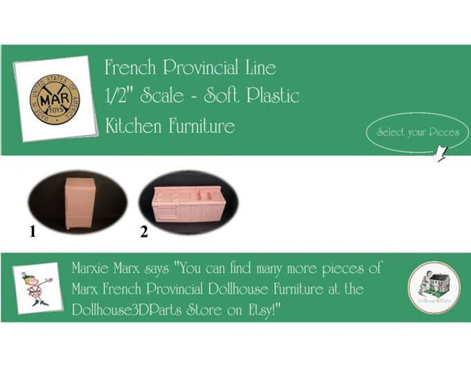 MARX Vintage Dollhouse Kitchen Furniture, French Provincial Line, 1/2"Scale, Soft Plastic