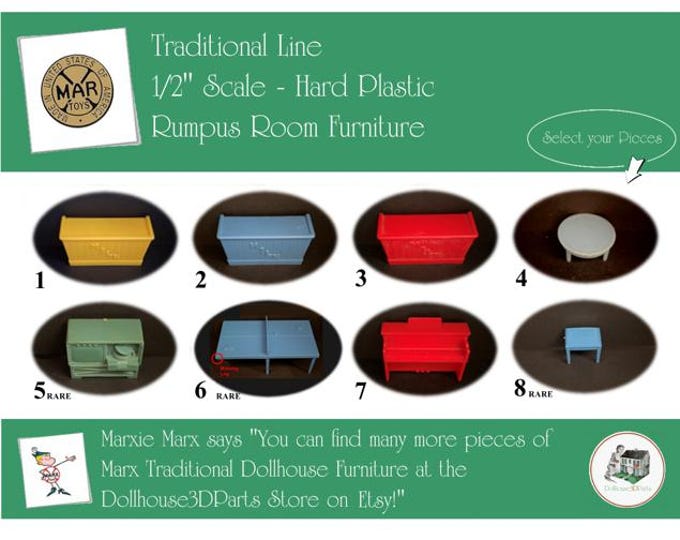 MARX Vintage Dollhouse Rumpus Room Furniture, Traditional Line, 1/2" Scale, Hard Plastic
