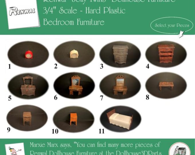 RENWAL Vintage Dollhouse Bedroom Furniture, 1940s-1950s Style, 3/4” Scale, Hard Plastic
