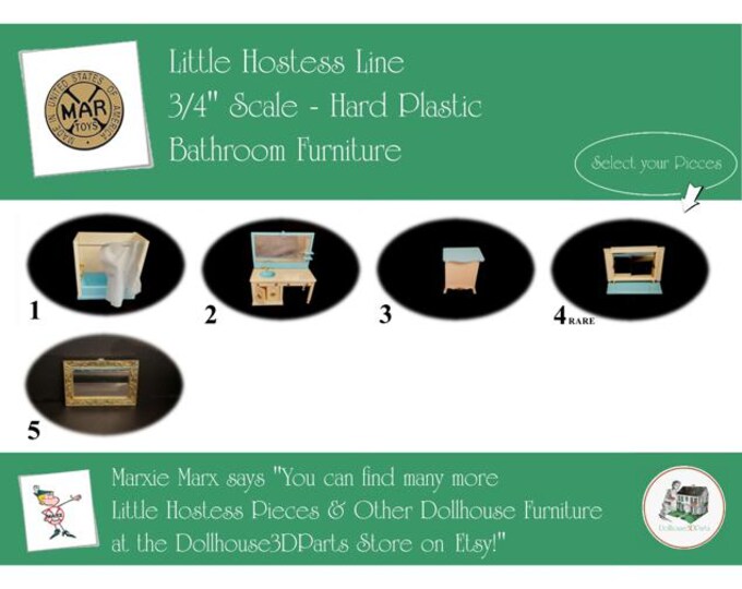 Choice MARX Vintage Dollhouse Bathroom Furniture, Little Hostess Line, 3/4" Scale, Hard Plastic