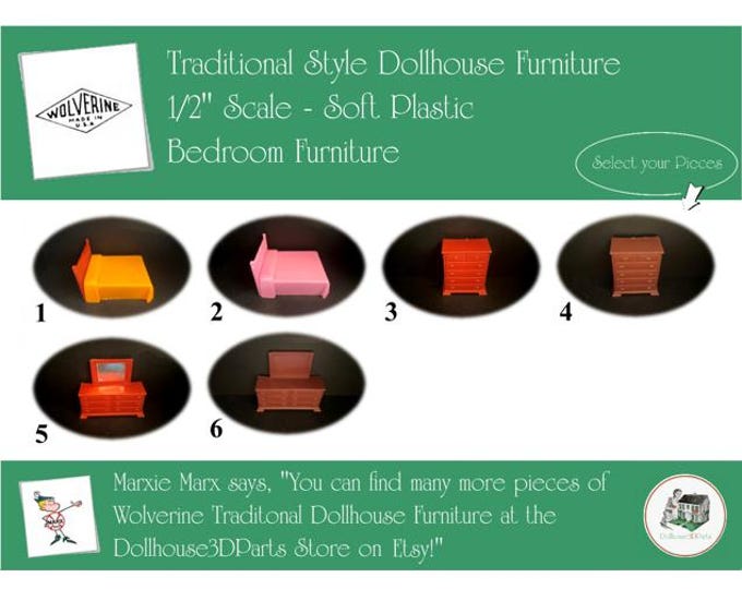 WOLVERINE Vintage Dollhouse Bedroom Furniture, 1960s Style, 1/2" Scale, Soft Plastic