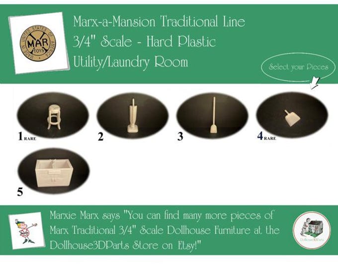 MARX Vintage Dollhouse Utility/Laundry Room Furniture, Marx-a-Mansion Traditional Line, 3/4" Scale, Hard Plastic