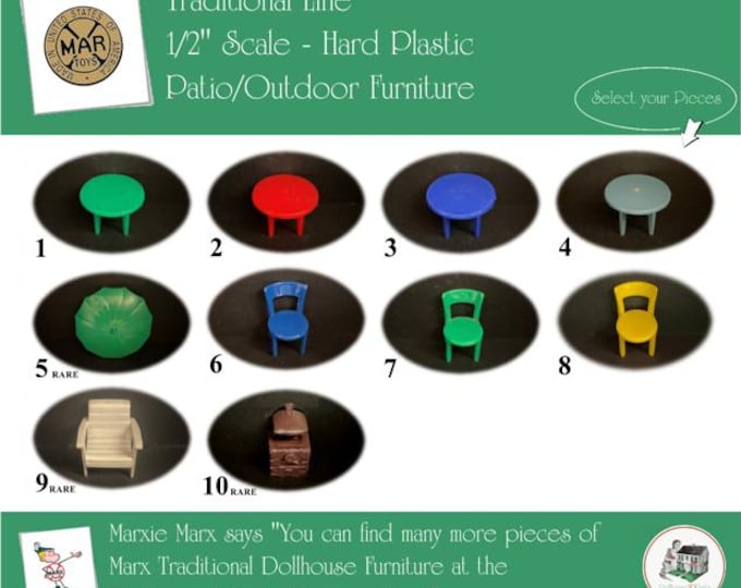 MARX Vintage Dollhouse Patio/Outdoor Furniture, Traditional Line, 1/2" Scale, Hard Plastic