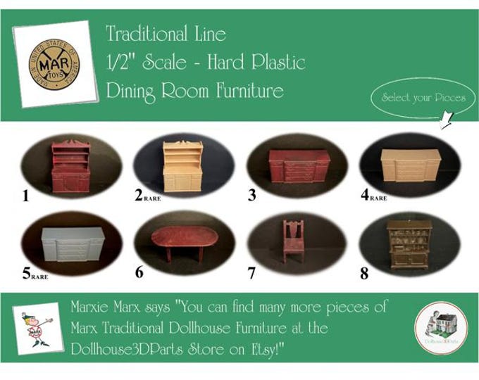 MARX Vintage Dollhouse Dining Room Furniture, Traditional Line, 1/2" Scale, Hard Plastic