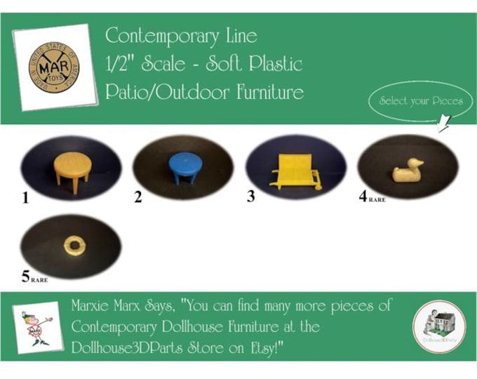 MARX Vintage Dollhouse Patio/Outdoor Furniture, Contemporary Line, 1/2" Scale, Soft Plastic
