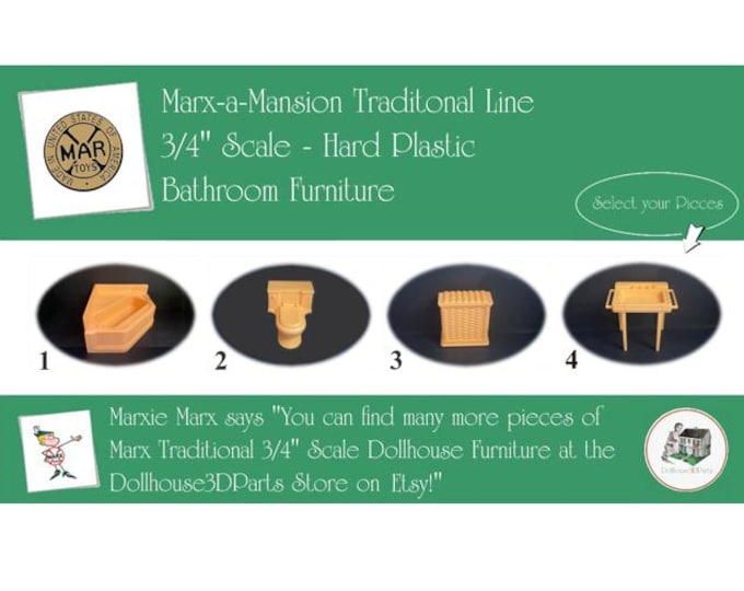 Choice MARX Vintage Dollhouse Bathroom Furniture, Marx-a-Mansion Traditional Line, 3/4" Scale, Hard Plastic