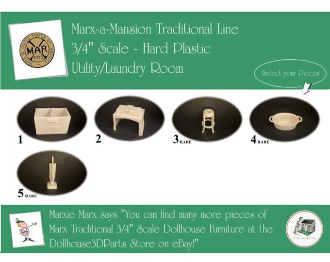 Choice MARX Vintage Dollhouse Utility/Laundry Room Furniture, Marx-a-Mansion Traditional Line, 3/4" Scale, Hard Plastic