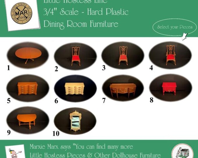MARX Vintage Dollhouse Dining Room Furniture, Little Hostess Line, 3/4" Scale, Hard Plastic