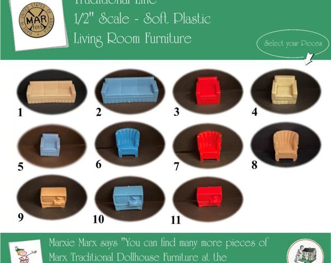 Choice MARX Vintage Dollhouse Living Room Furniture, Traditional Line, 1/2" Scale, Soft Plastic