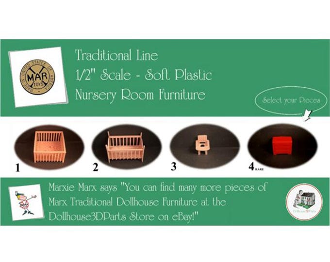Choice MARX Vintage Dollhouse Nursery Room Furniture, Traditional Line, 1/2" Scale, Soft Plastic