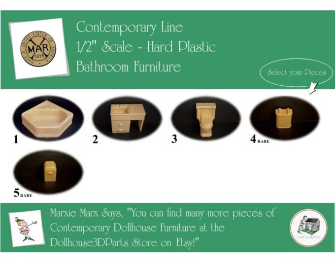Marx Vintage Dollhouse Furniture, Contemporary Line Bathroom, 1/2" Scale, HARD Plastic