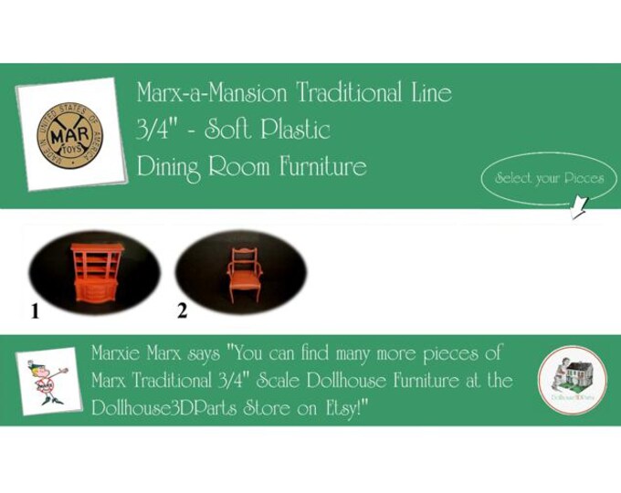 Marx Vintage Dollhouse Furniture, Marx-a-Mansion Traditional Line Dining Room, 3/4" Scale, SOFT Plastic
