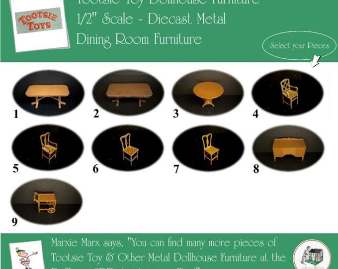 TOOTSIETOY Vintage Dollhouse Dining Room Furniture, 1920s-1930s Style, 1/2” Scale, Painted Diecast Metal