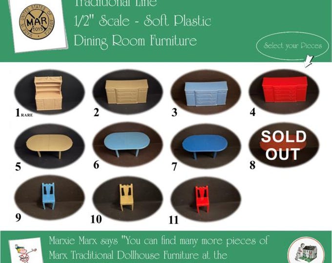 Choice MARX Vintage Dollhouse Dining Room Furniture, Traditional Line, 1/2" Scale, Soft Plastic