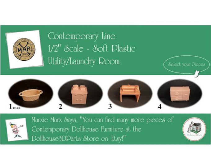 Choice MARX Vintage Dollhouse Utility/Laundry Room Furniture, Contemporary Line, 1/2" Scale, Soft Plastic