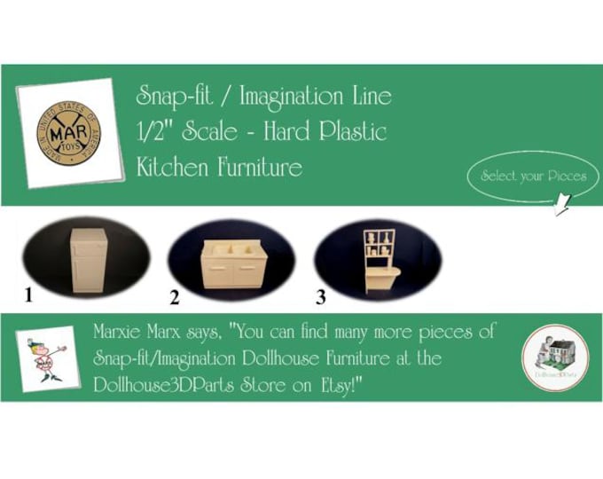Choice MARX Vintage Dollhouse Kitchen Furniture, Snap-fit/Imagination Line, 1/2" Scale, Hard Plastic