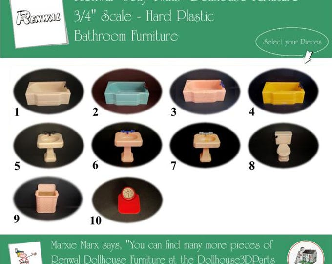 Renwal Vintage Dollhouse Furniture, 1940s-1950s Style Bathroom, 3/4” Scale Hard Plastic