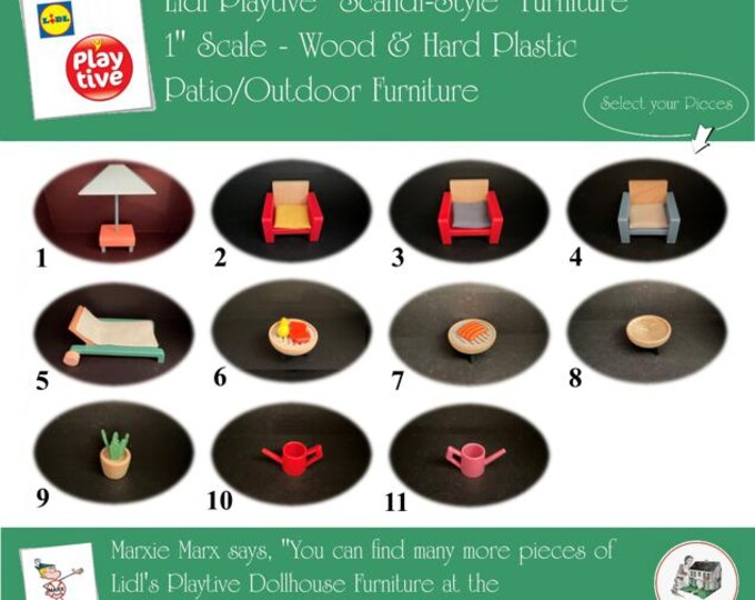 LIDL PLAYTIVE Vintage Dollhouse Patio/Outdoor Furniture, Scandi-Style, 1" Scale, Wood & Hard Plastic