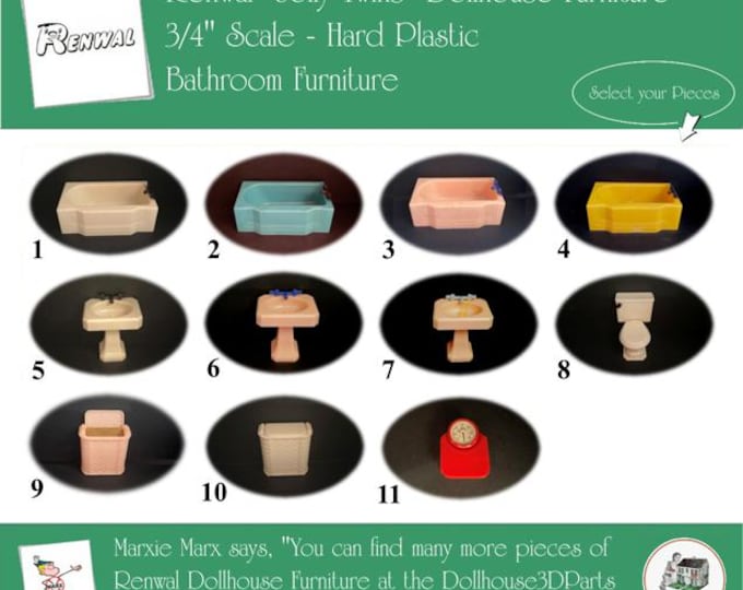 Renwal Vintage Dollhouse Furniture, 1940s-1950s Style Bathroom, 3/4” Scale Hard Plastic