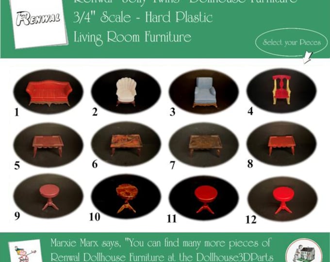 Renwal Vintage Dollhouse Furniture, 1940s-1950s Style Living Room, 3/4” Scale Hard Plastic