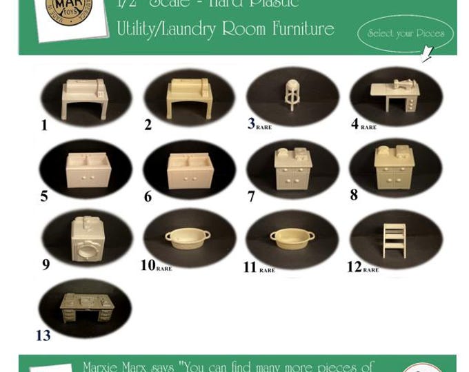 MARX Vintage Dollhouse Utility/Laundry Room Furniture, Traditional Line, 1/2" Scale, Hard Plastic